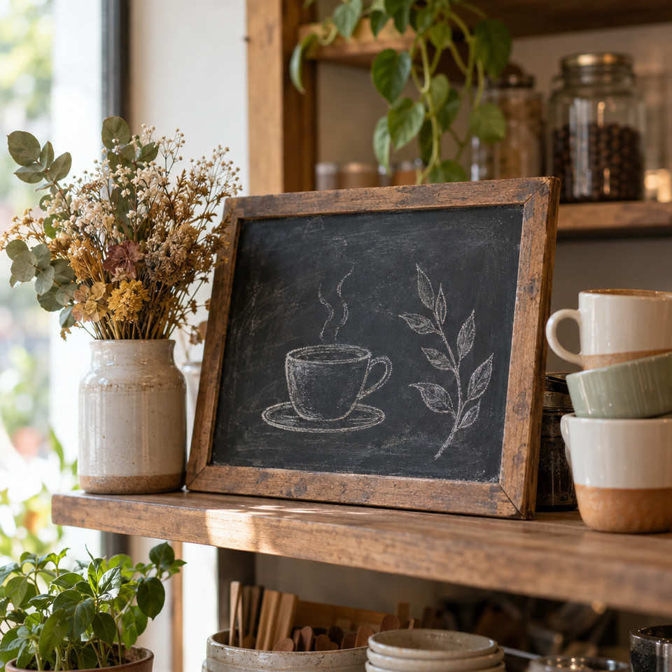 A small blackboard with a chalk drawing of a coffee cup and a sprig of leaves, beside dried flowers and a stack of cups.
