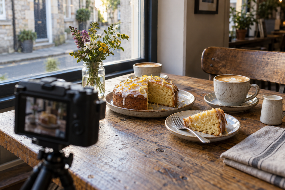 A café table of lemon cake and coffee being photographed on a small camera for social posts.